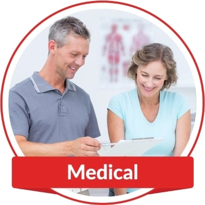 A man and women reviewing a medical chart. Banner on image reads "Medical".