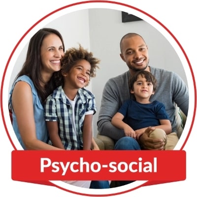 A family sitting together. Banner on image reads "Psycho-social"