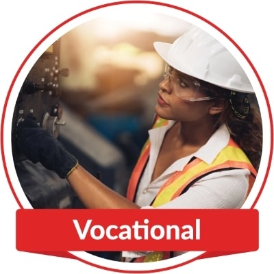 A women wearing a hard hat and safety gear. Banner on image reads "Vocational"