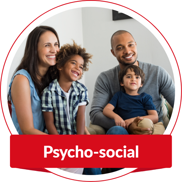A family sitting together. Banner on image reads "Psycho-social"