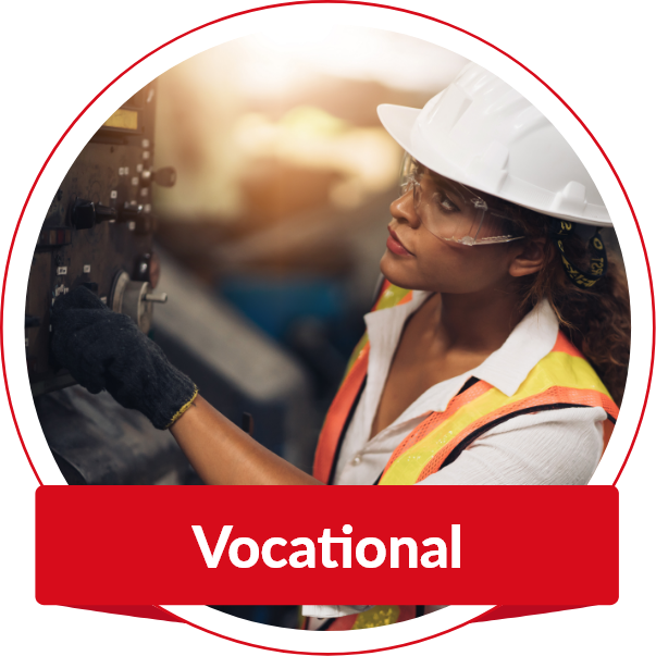 A women wearing a hard hat and safety gear. Banner on image reads "Vocational"